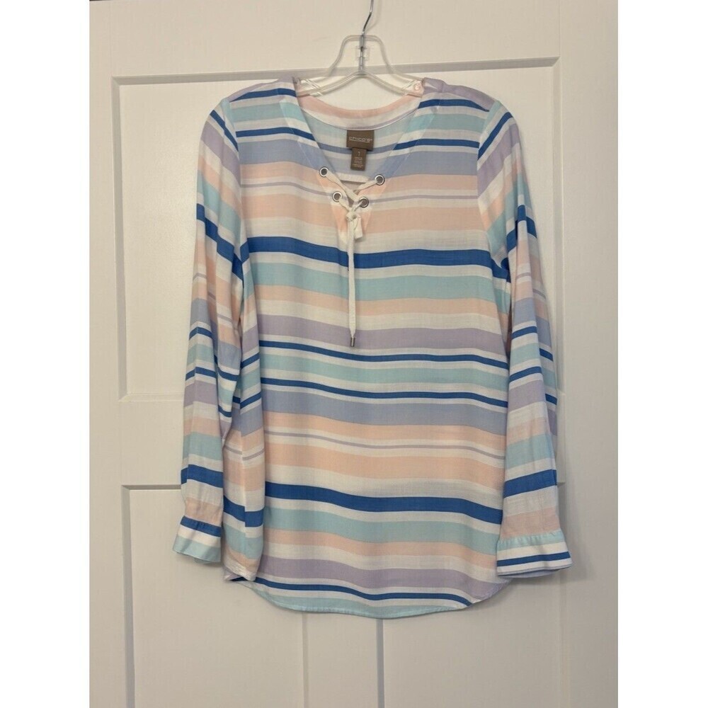 Chico’s Top Size 1 Large White Pastel Stripes Lace Up Neck Long Sleeve Blouse
